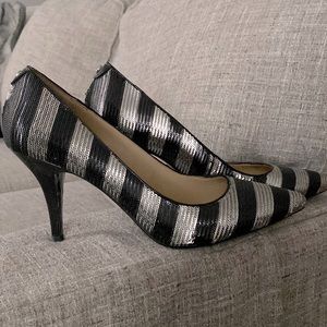 Womens Michael Kors Black Silver Sequined Striped Stiletto Pump.